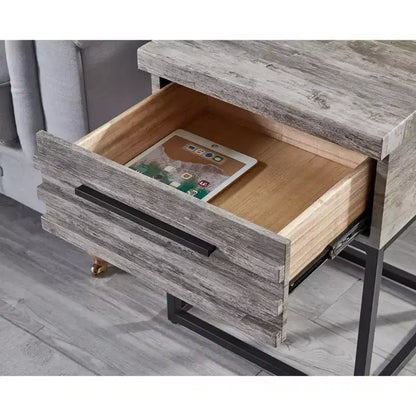 Table d'appoint rustique Okak avec tiroir de rangement et pieds en métal, table de chevet avec plateau épais, table d'appoint pour canapé, salon, chambre à coucher