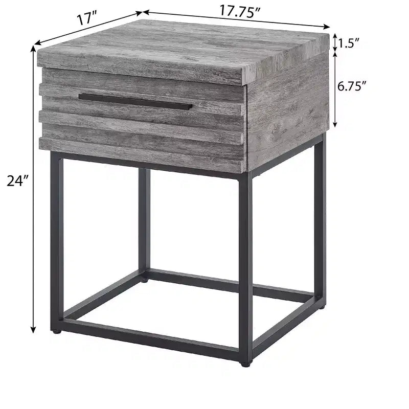Table d'appoint rustique Okak avec tiroir de rangement et pieds en métal, table de chevet avec plateau épais, table d'appoint pour canapé, salon, chambre à coucher