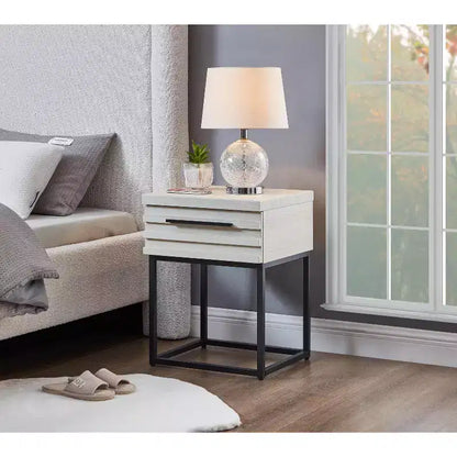 Table d'appoint rustique Okak avec tiroir de rangement et pieds en métal, table de chevet avec plateau épais, table d'appoint pour canapé, salon, chambre à coucher