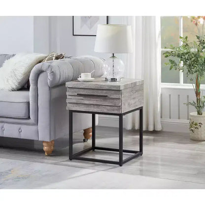 Okak Rustic Side Table with Storage Drawer and Metal Legs, End Table with Thick Tabletop, Accent Table for Sofa Side, Living Room, Bedroom