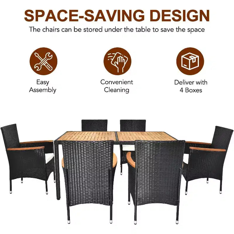 VINGLI Ensemble de salle à manger d'extérieur 7 pièces, mobilier de jardin en osier pour 6 personnes avec table en bois d'acacia, table et chaises d'extérieur pour jardin