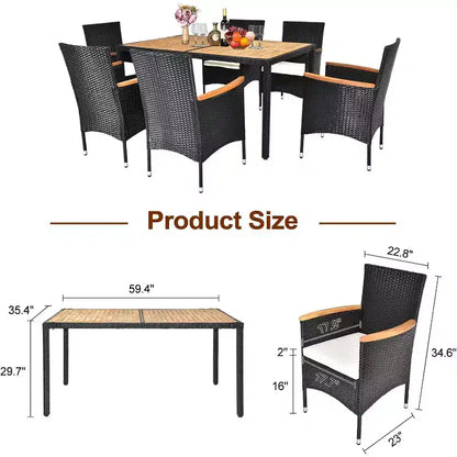 VINGLI Ensemble de salle à manger d'extérieur 7 pièces, mobilier de jardin en osier pour 6 personnes avec table en bois d'acacia, table et chaises d'extérieur pour jardin