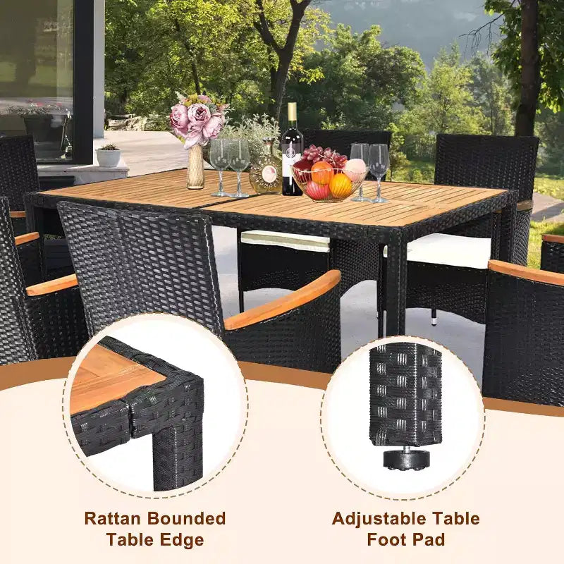 VINGLI Ensemble de salle à manger d'extérieur 7 pièces, mobilier de jardin en osier pour 6 personnes avec table en bois d'acacia, table et chaises d'extérieur pour jardin