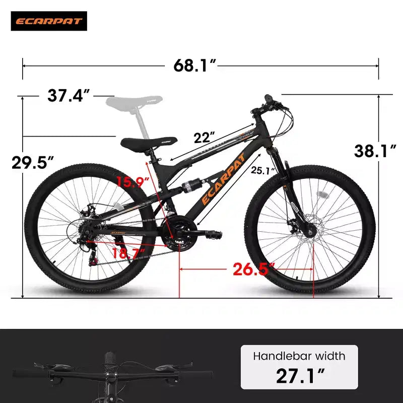 VTT Whisen 26 pouces unisexe avec cadre en acier, fourche et amortisseur, 21 vitesses