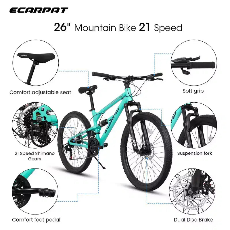 VTT Whisen 26 pouces unisexe avec cadre en acier, fourche et amortisseur, 21 vitesses