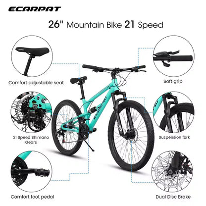 VTT Whisen 26 pouces unisexe avec cadre en acier, fourche et amortisseur, 21 vitesses