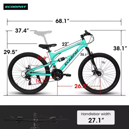 VTT Whisen 26 pouces unisexe avec cadre en acier, fourche et amortisseur, 21 vitesses