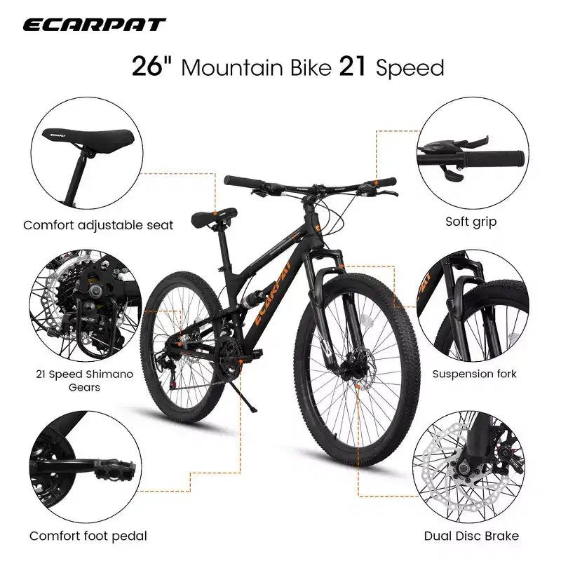 VTT Whisen 26 pouces unisexe avec cadre en acier, fourche et amortisseur, 21 vitesses