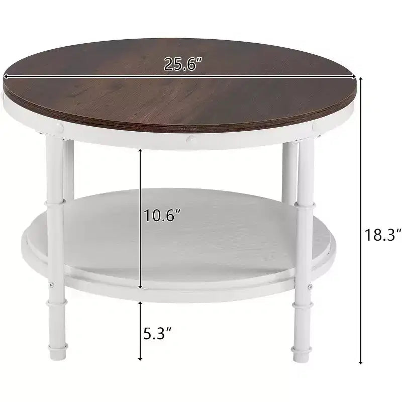 VINGLI 25.6 Rustic Oak White Round Farmhouse Coffee Table, 2-Tier Storage Wood Center Circle Accent Table for Living Room