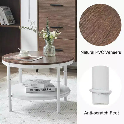 VINGLI 25.6 Rustic Oak White Round Farmhouse Coffee Table, 2-Tier Storage Wood Center Circle Accent Table for Living Room