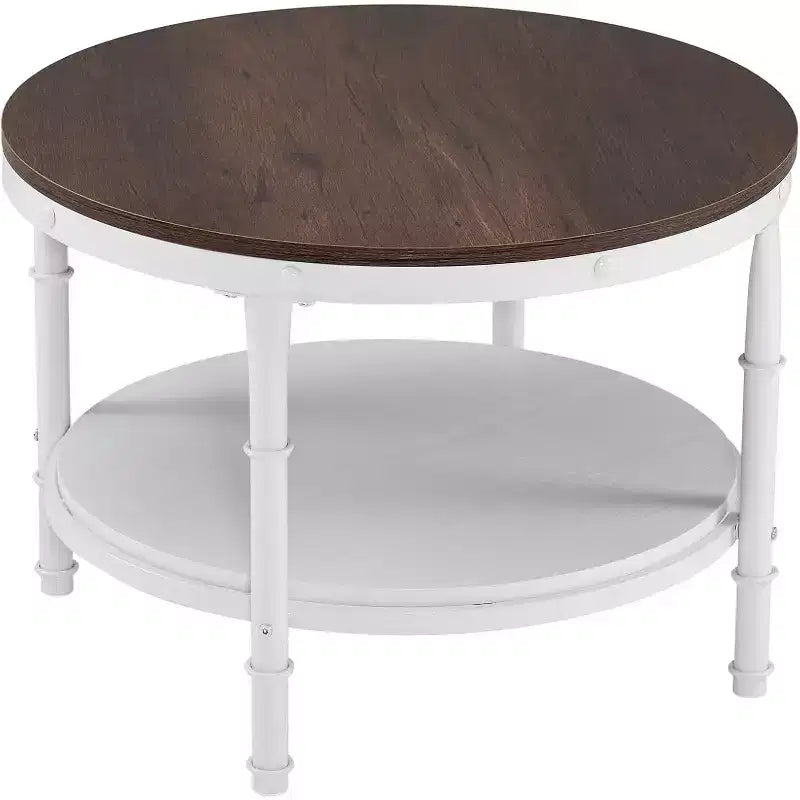 VINGLI 25.6 Rustic Oak White Round Farmhouse Coffee Table, 2-Tier Storage Wood Center Circle Accent Table for Living Room