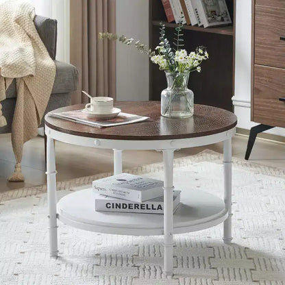 VINGLI 25.6 Rustic Oak White Round Farmhouse Coffee Table, 2-Tier Storage Wood Center Circle Accent Table for Living Room