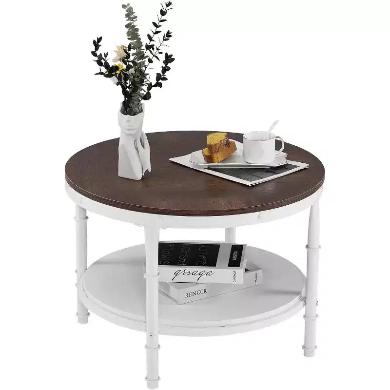 VINGLI 25.6 Rustic Oak White Round Farmhouse Coffee Table, 2-Tier Storage Wood Center Circle Accent Table for Living Room