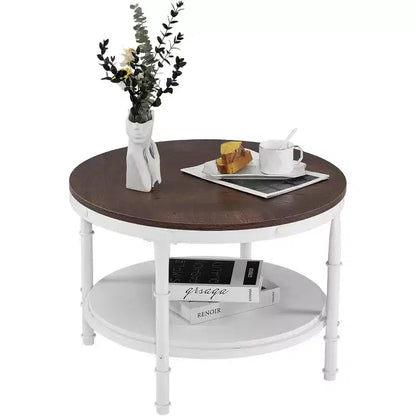 VINGLI 25.6 Rustic Oak White Round Farmhouse Coffee Table, 2-Tier Storage Wood Center Circle Accent Table for Living Room