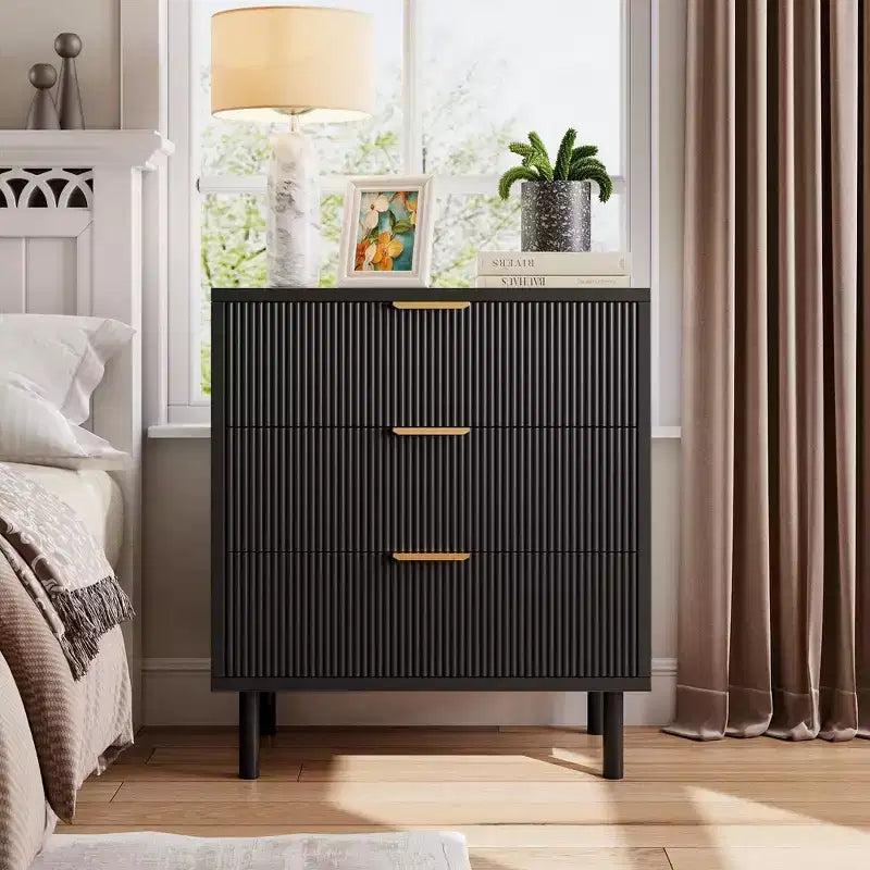 Bedside table with spacious drawers and metal legs, compact wooden nightstand/sofa table suitable for bedrooms and living rooms.