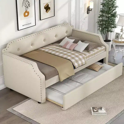 Twin Size Upholstered Daybed with Trundle and Button Tufted Backrest, Linen Sofa Bed with Nailhead Trim