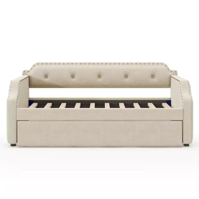 Twin Size Upholstered Daybed with Trundle and Button Tufted Backrest, Linen Sofa Bed with Nailhead Trim