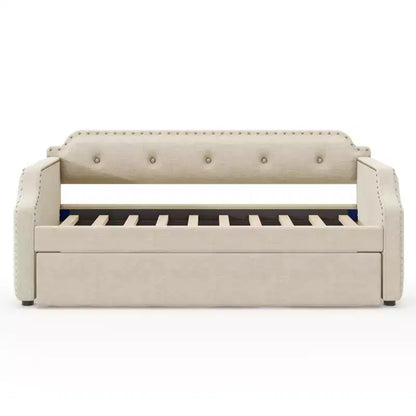 Twin Size Upholstered Daybed with Trundle and Button Tufted Backrest, Linen Sofa Bed with Nailhead Trim