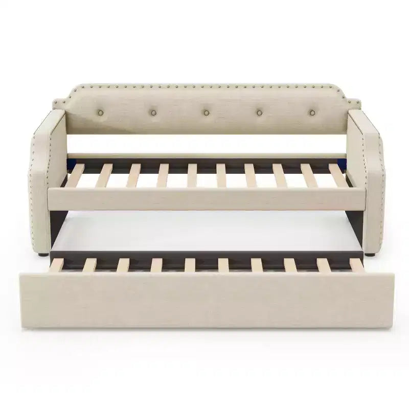 Twin Size Upholstered Daybed with Trundle and Button Tufted Backrest, Linen Sofa Bed with Nailhead Trim