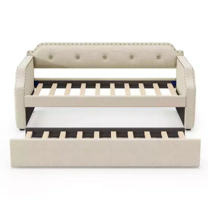 Twin Size Upholstered Daybed with Trundle and Button Tufted Backrest, Linen Sofa Bed with Nailhead Trim