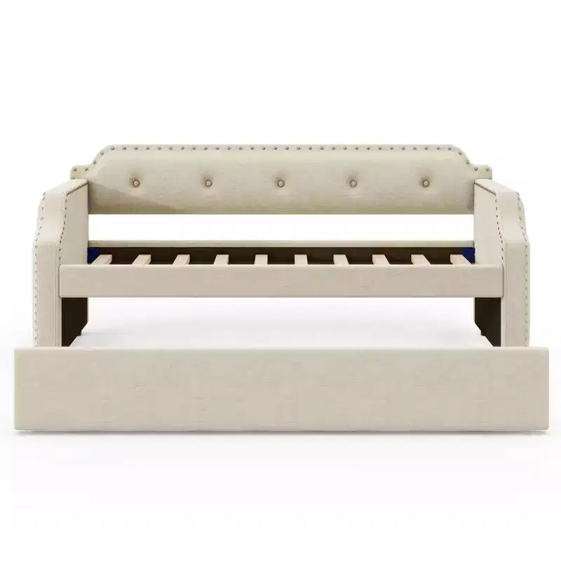 Twin Size Upholstered Daybed with Trundle and Button Tufted Backrest, Linen Sofa Bed with Nailhead Trim