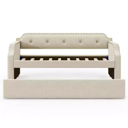 Twin Size Upholstered Daybed with Trundle and Button Tufted Backrest, Linen Sofa Bed with Nailhead Trim