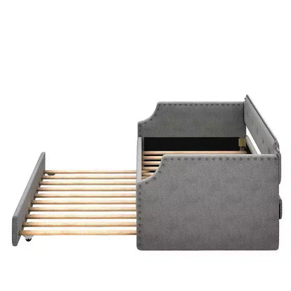 Twin Size Upholstered Daybed with Trundle and Button Tufted Backrest, Linen Sofa Bed with Nailhead Trim