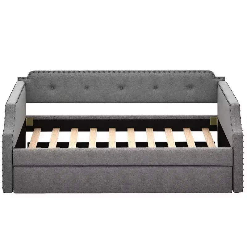Twin Size Upholstered Daybed with Trundle and Button Tufted Backrest, Linen Sofa Bed with Nailhead Trim