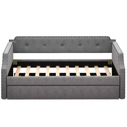 Twin Size Upholstered Daybed with Trundle and Button Tufted Backrest, Linen Sofa Bed with Nailhead Trim