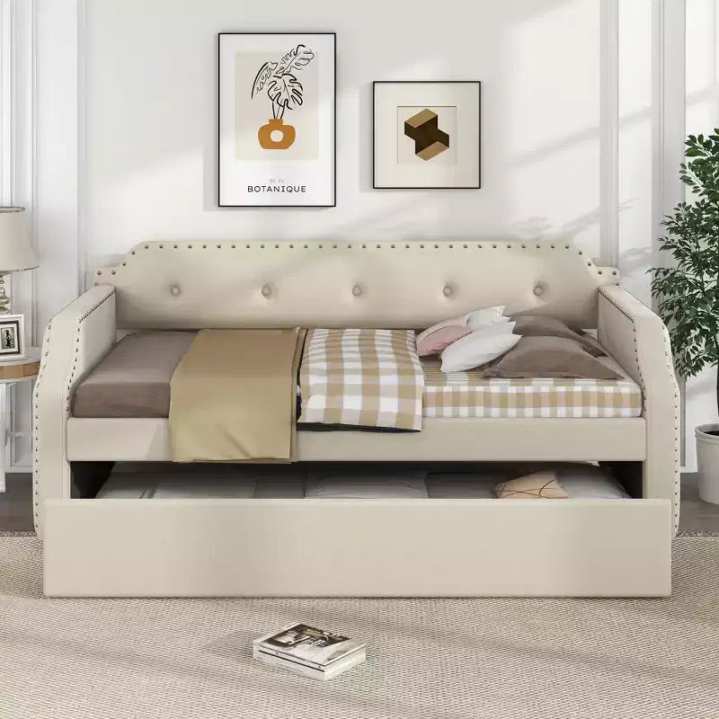 Twin Size Upholstered Daybed with Trundle and Button Tufted Backrest, Linen Sofa Bed with Nailhead Trim