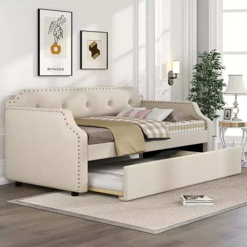 Twin Size Upholstered Daybed with Trundle and Button Tufted Backrest, Linen Sofa Bed with Nailhead Trim