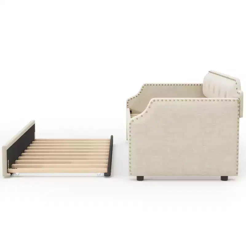 Twin Size Upholstered Daybed with Trundle and Button Tufted Backrest, Linen Sofa Bed with Nailhead Trim