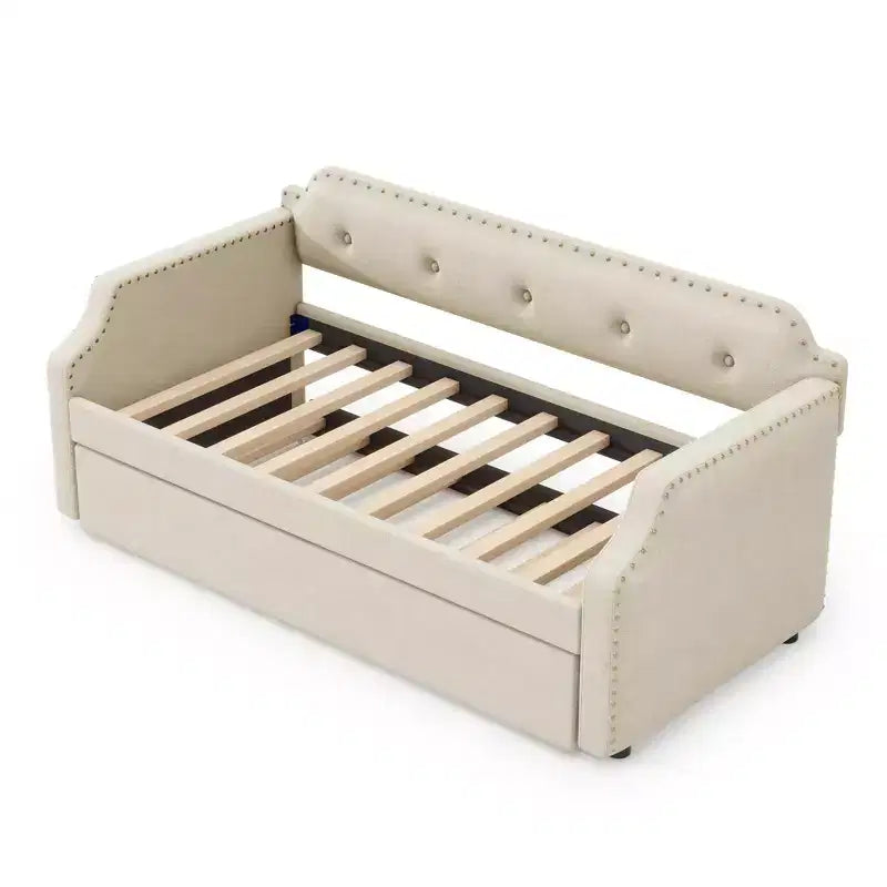 Twin Size Upholstered Daybed with Trundle and Button Tufted Backrest, Linen Sofa Bed with Nailhead Trim