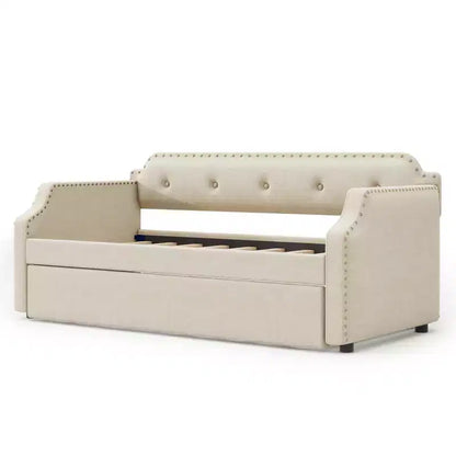 Twin Size Upholstered Daybed with Trundle and Button Tufted Backrest, Linen Sofa Bed with Nailhead Trim