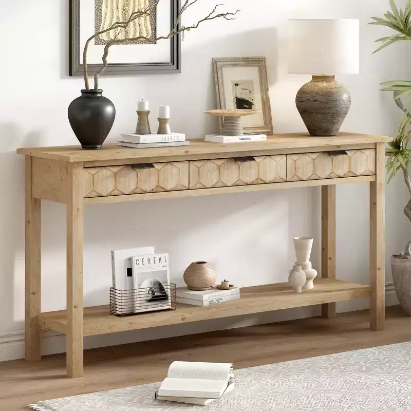 Clihome 60 Fir Veneer Entryway Table with Honeycomb-patterned Fronts,Modern Stylish Console Table with 3 Drawers and Solid Fir legs