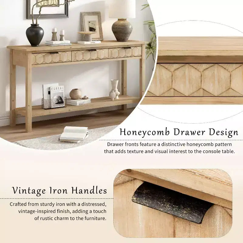Clihome 60 Fir Veneer Entryway Table with Honeycomb-patterned Fronts,Modern Stylish Console Table with 3 Drawers and Solid Fir legs