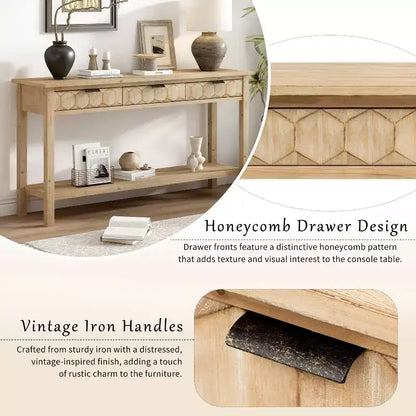 Clihome 60 Fir Veneer Entryway Table with Honeycomb-patterned Fronts,Modern Stylish Console Table with 3 Drawers and Solid Fir legs