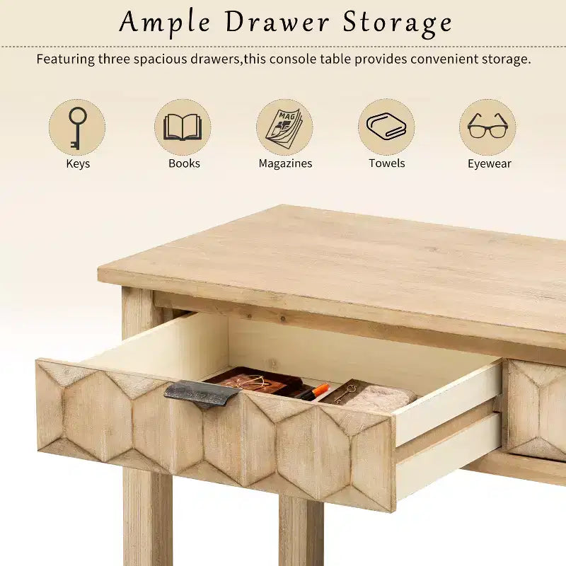 Clihome 60 Fir Veneer Entryway Table with Honeycomb-patterned Fronts,Modern Stylish Console Table with 3 Drawers and Solid Fir legs