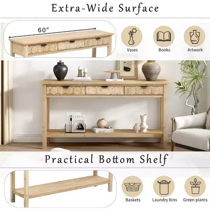 Clihome 60 Fir Veneer Entryway Table with Honeycomb-patterned Fronts,Modern Stylish Console Table with 3 Drawers and Solid Fir legs