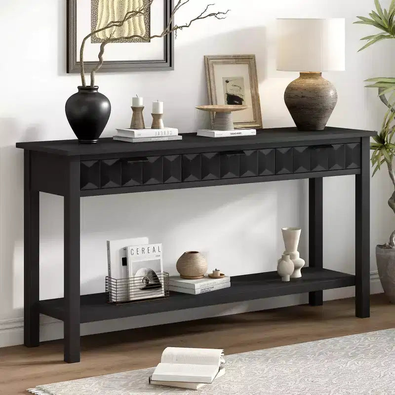 Clihome 60 Fir Veneer Entryway Table with Honeycomb-patterned Fronts,Modern Stylish Console Table with 3 Drawers and Solid Fir legs