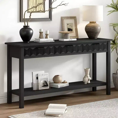 Clihome 60 Fir Veneer Entryway Table with Honeycomb-patterned Fronts,Modern Stylish Console Table with 3 Drawers and Solid Fir legs