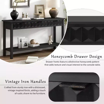 Clihome 60 Fir Veneer Entryway Table with Honeycomb-patterned Fronts,Modern Stylish Console Table with 3 Drawers and Solid Fir legs