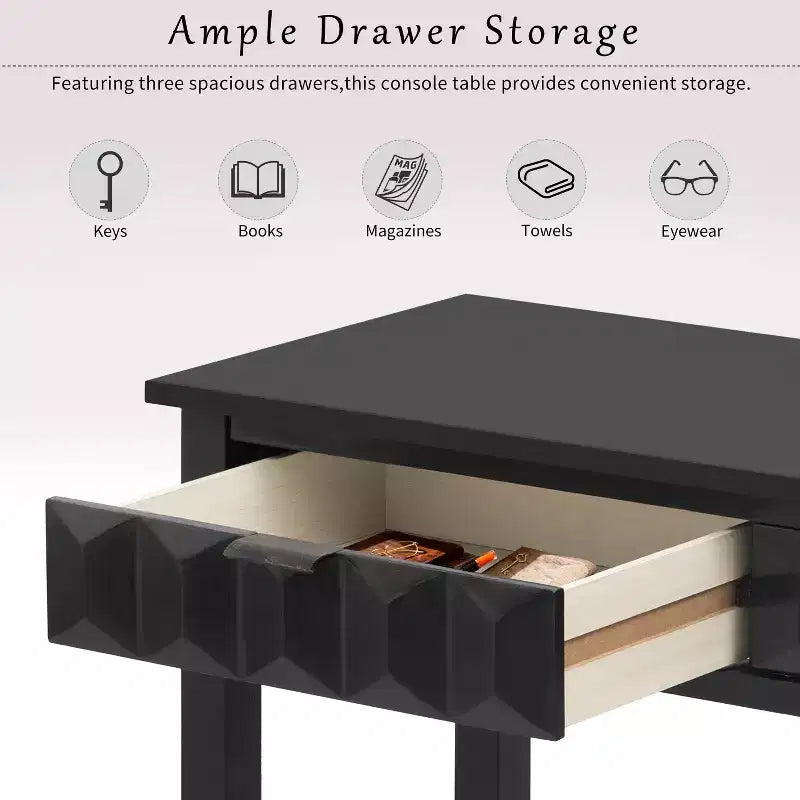 Clihome 60 Fir Veneer Entryway Table with Honeycomb-patterned Fronts,Modern Stylish Console Table with 3 Drawers and Solid Fir legs