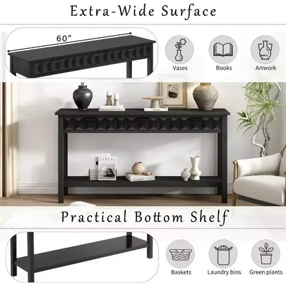 Clihome 60 Fir Veneer Entryway Table with Honeycomb-patterned Fronts,Modern Stylish Console Table with 3 Drawers and Solid Fir legs