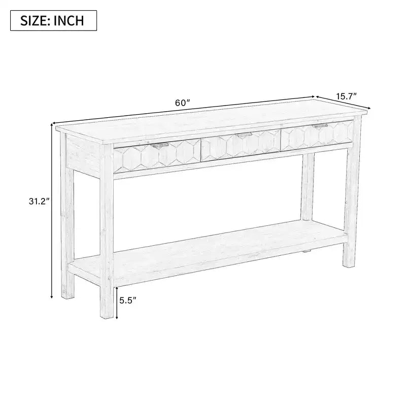 Clihome 60 Fir Veneer Entryway Table with Honeycomb-patterned Fronts,Modern Stylish Console Table with 3 Drawers and Solid Fir legs