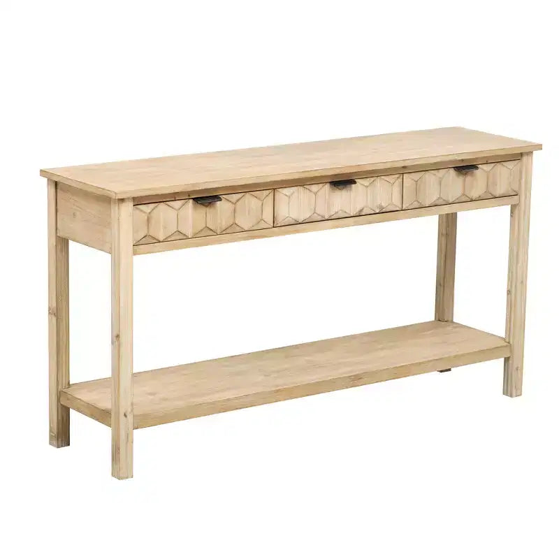 Clihome 60 Fir Veneer Entryway Table with Honeycomb-patterned Fronts,Modern Stylish Console Table with 3 Drawers and Solid Fir legs