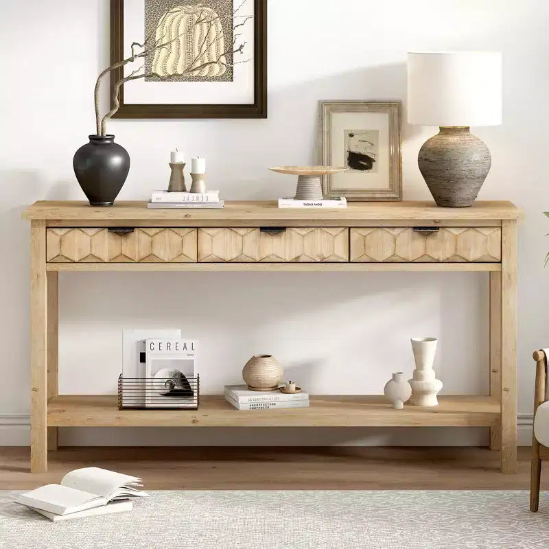 Clihome 60 Fir Veneer Entryway Table with Honeycomb-patterned Fronts,Modern Stylish Console Table with 3 Drawers and Solid Fir legs