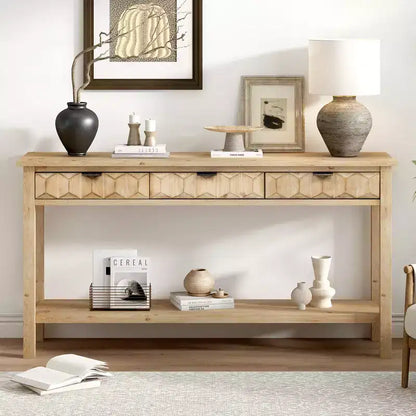 Clihome 60 Fir Veneer Entryway Table with Honeycomb-patterned Fronts,Modern Stylish Console Table with 3 Drawers and Solid Fir legs