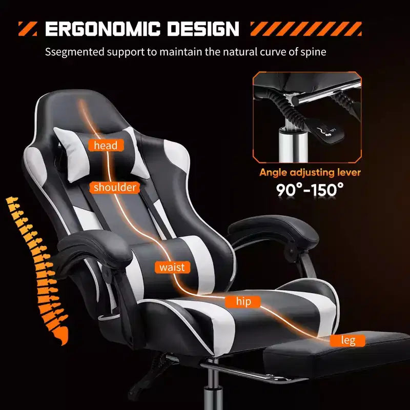 Okak Ergonomic Gaming Chair with Footrest and Lumbar Support, Computer Chair with Headrest and Armrest, Rolling Chair for Study, Office