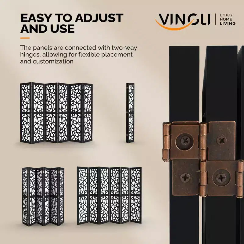VINGLI Paravent à 6 panneaux, écran d'intimité en tissu non tissé, séparateurs de pièce intérieurs, séparateur d'espace autoportant avec motif unique (Noir)